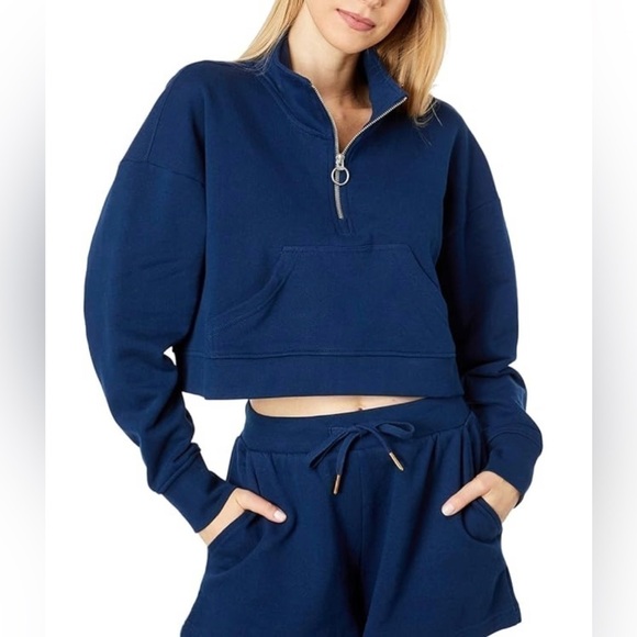 NWT WEWOREWHAT cropped Knit half zip Sweatshirt in Midnight Blue Size XL Womens - Picture 2 of 16